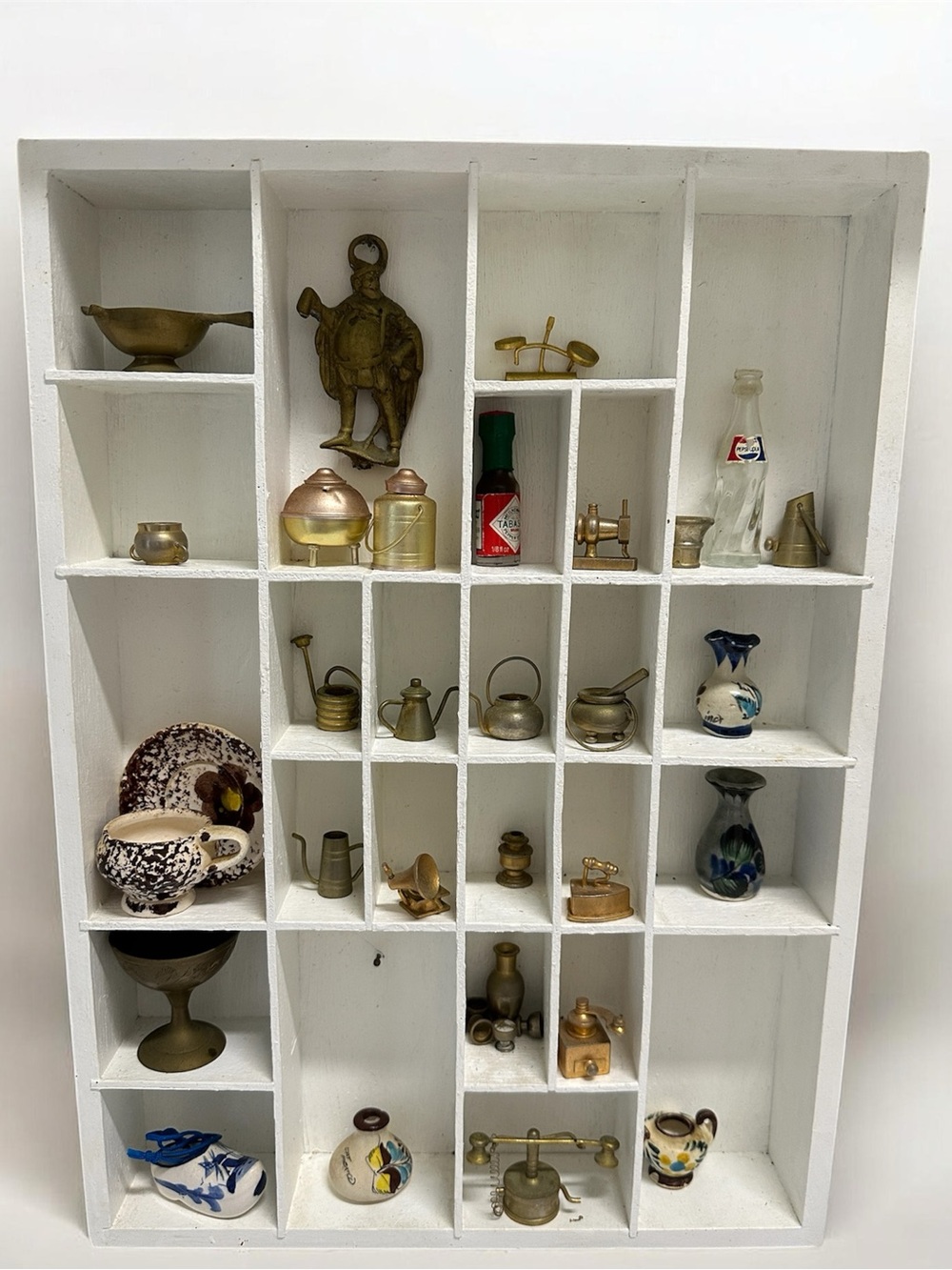 Vintage Curio Shelf Curated Miniature Trinket 32 Pcs Brass/ Ceramic Shadow Box